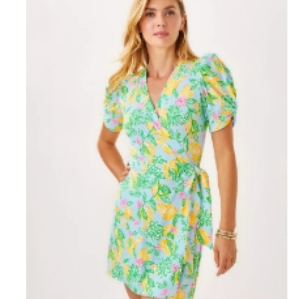 LILLY PULITZER sailynn short-sleeve romper in bluette make lemonade Large NWT